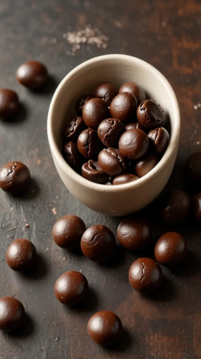 Classic dark chocolate covered coffee beans in white ceramic bowl on dark rustic surface with scattered beans creating moody composition