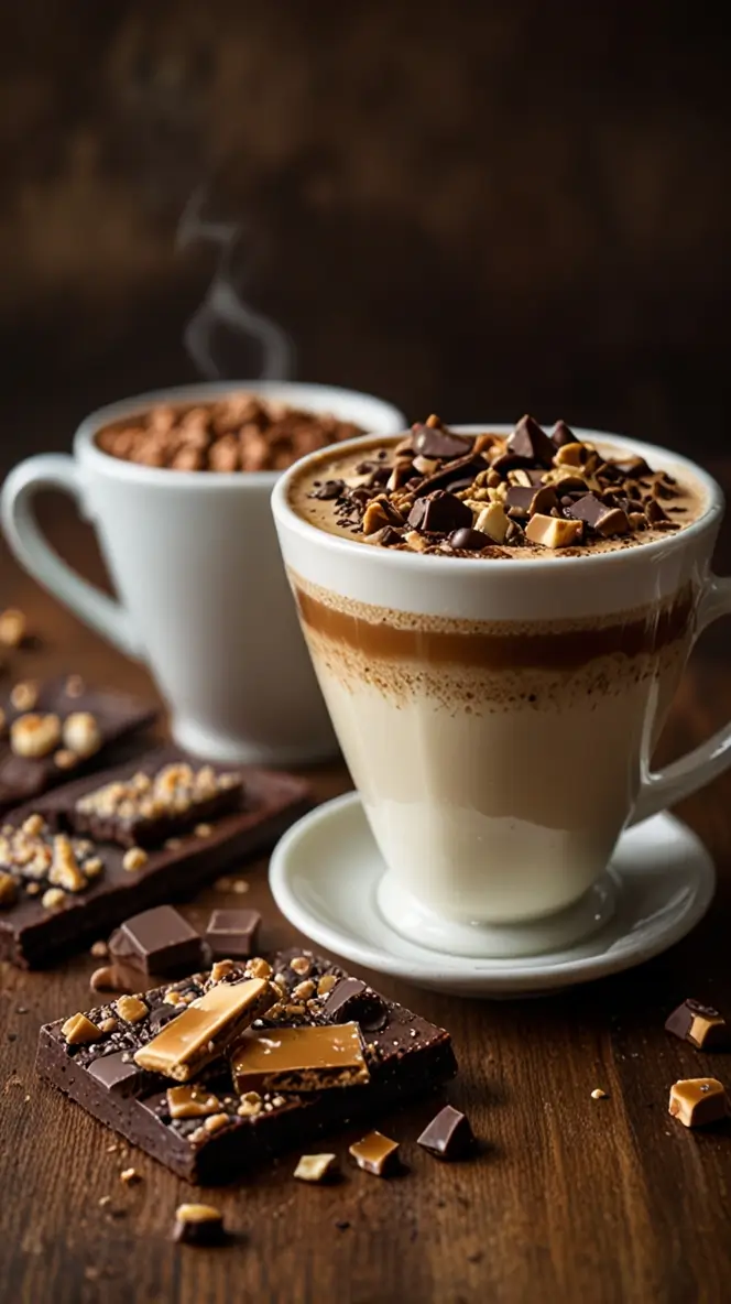 Layered English Toffee Coffee with chocolate chunks and caramel toffee pieces in white cup alongside chocolate bark on rustic wooden table