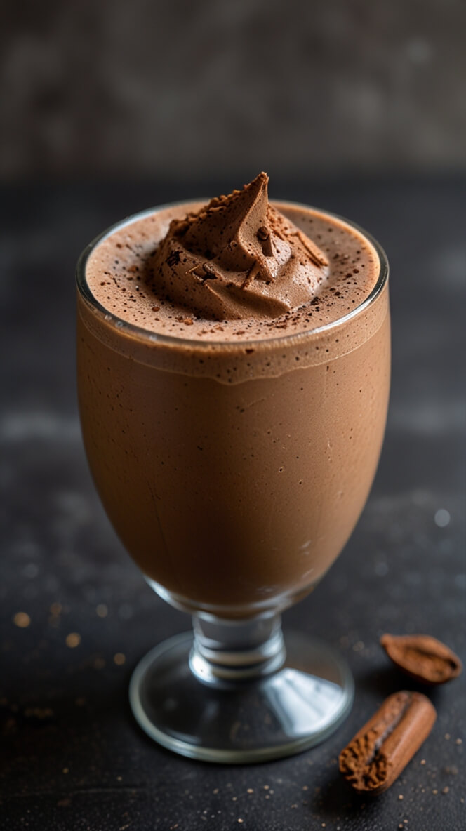 Creamy chocolate mocha protein shake topped with whipped cream and cocoa powder in a tall glass against a dark background