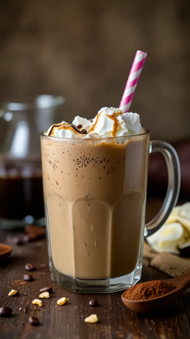 Creamy vanilla iced protein coffee with whipped cream and caramel drizzle in glass mug, surrounded by coffee beans and cocoa powder