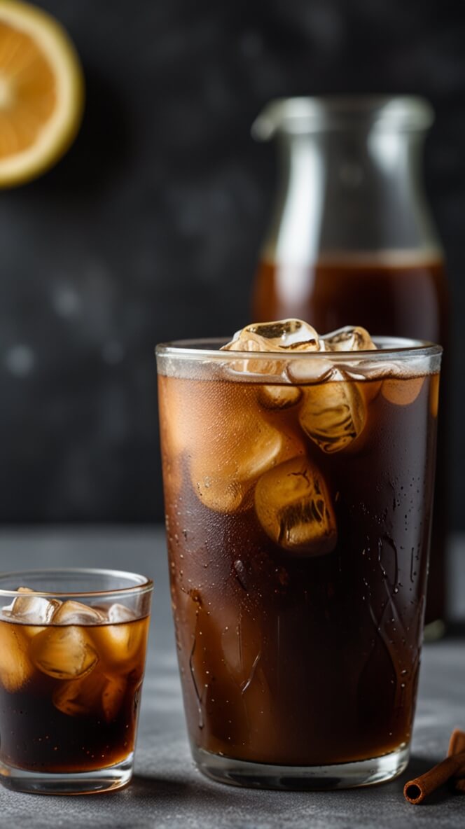 Classic Vanilla Protein Cold Brew served in tall glass with ice cubes, condensation, and cinnamon stick garnish alongside smaller serving