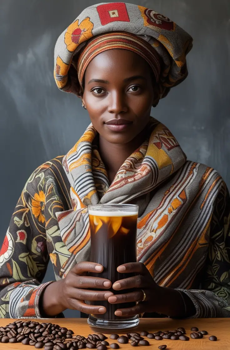 Woman in traditional Ethiopian dress holding Ethiopian Yirgacheffe cold brew coffee with coffee beans on wooden table