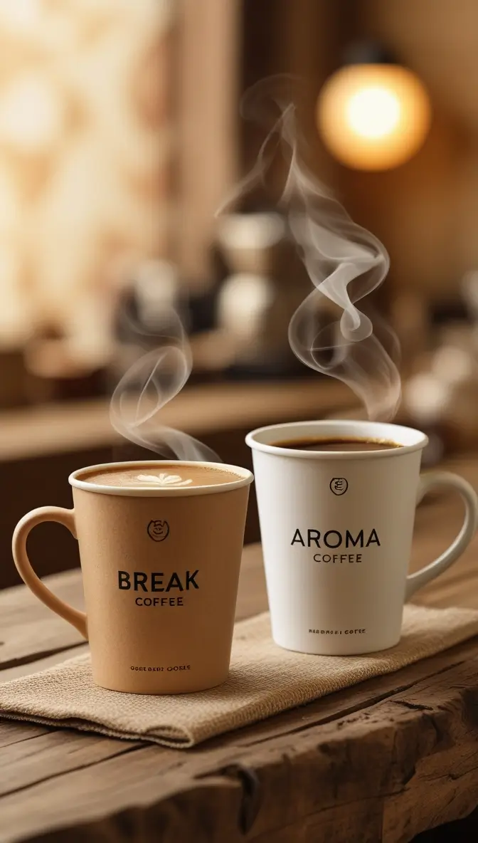 Two steaming coffee cups on wooden table - one tan labeled 'BREAK COFFEE' and one white labeled 'AROMA COFFEE' - demonstrating coffee aroma evaluation with visible steam wisps in warm lighting