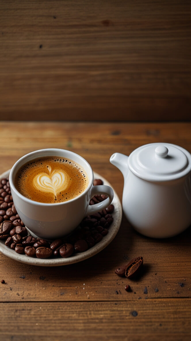 Classic British filter coffee with heart latte art served in white ceramic cup on bed of coffee beans, accompanied by traditional white teapot on rustic wooden table