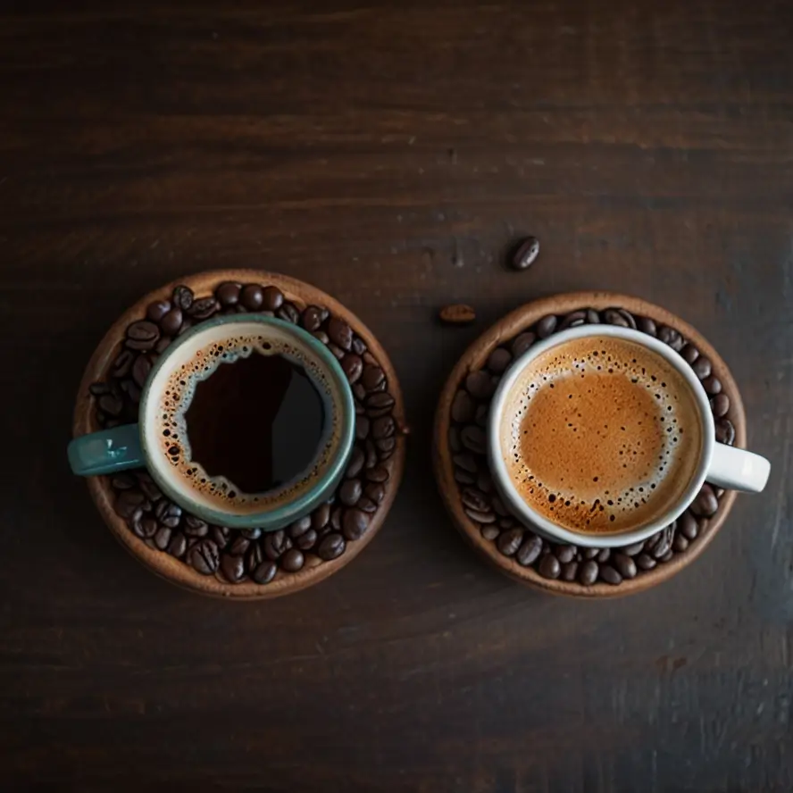 Two coffee cups filled with French roast and medium roast coffee, surrounded by coffee beans on wooden saucers, showcasing distinct color and crema differences between the roasts