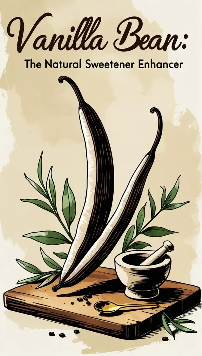 Vanilla beans with mortar and pestle on wooden cutting board, illustrated with green leaves and natural sweetener elements for coffee enhancement