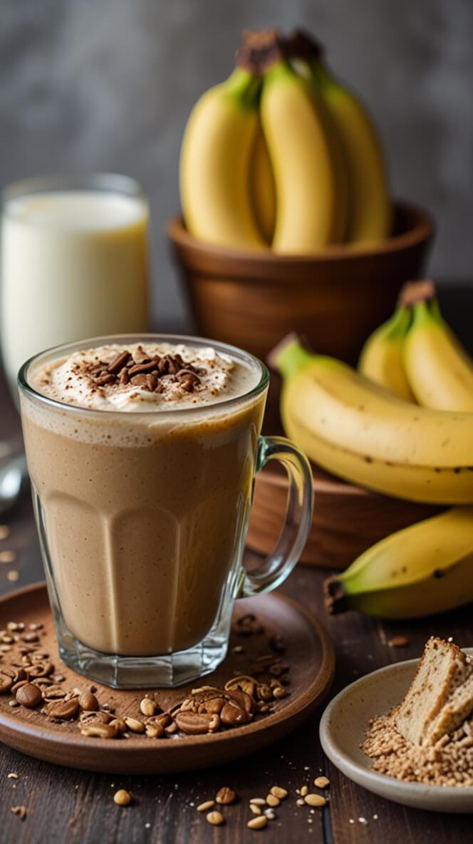 Creamy banana bread protein coffee topped with whipped cream and chocolate shavings, served alongside fresh bananas, coffee beans, and crushed cookies on a rustic wooden surface