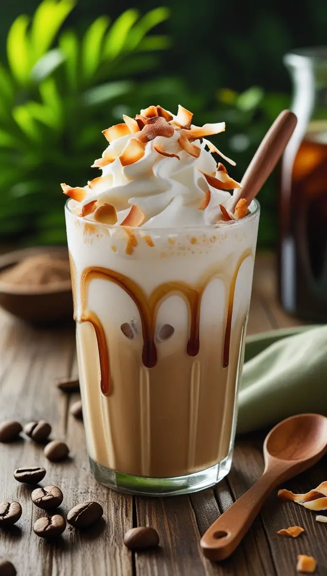 Creamy coconut hazelnut iced coffee topped with whipped cream, caramel drizzle, and toasted coconut flakes, served in a tall glass with coffee beans scattered nearby