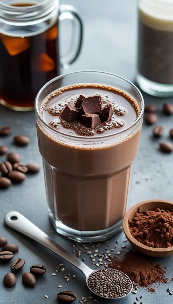 Creamy chocolate protein mocha shake topped with dark chocolate chunks, surrounded by coffee beans, chia seeds, and cocoa powder on a gray surface