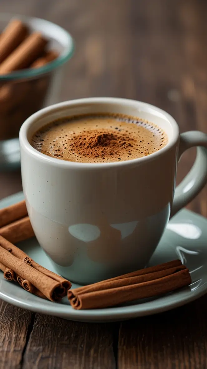 Hot sugar-free cinnamon coffee in mint green cup and saucer with cinnamon sticks on dark wooden table