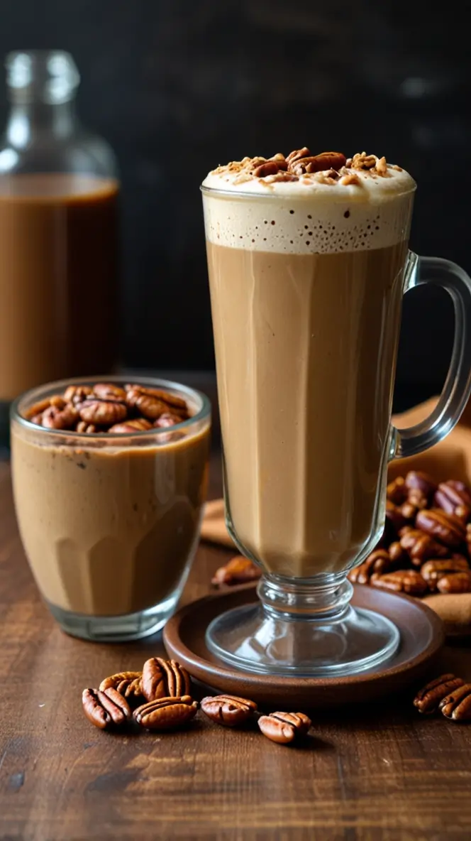 Creamy maple pecan protein coffee latte in tall glass and short cup, topped with whipped cream and pecans, with scattered nuts on wooden surface and dark background