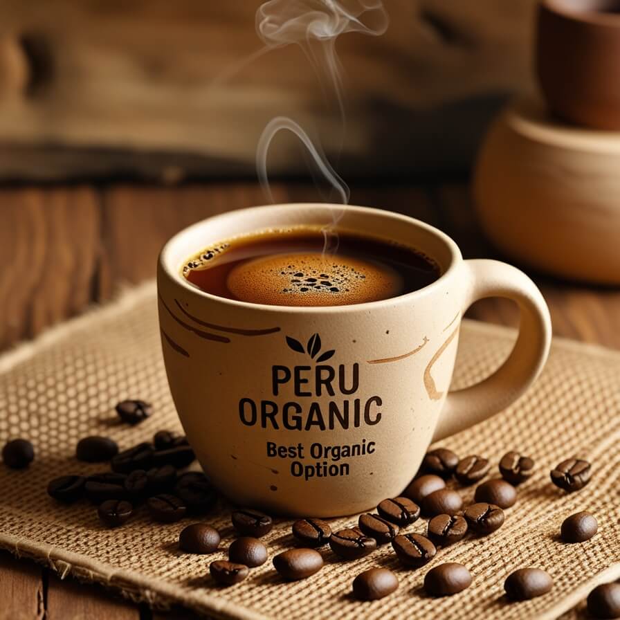 Steaming hot Peru Organic coffee in branded ceramic cup surrounded by organic coffee beans on burlap cloth and wooden table, showcasing best organic coffee option