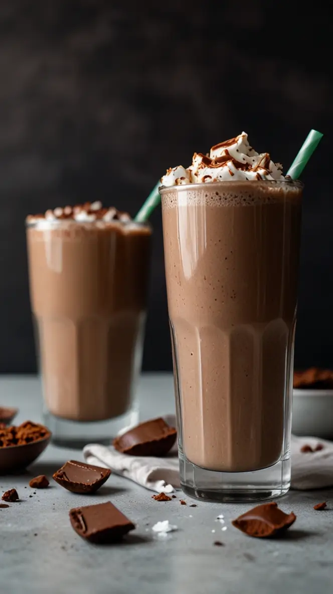 Two tall glasses of creamy chocolate mocha collagen protein shakes topped with whipped cream and chocolate drizzle, served with scattered chocolate pieces on a gray surface