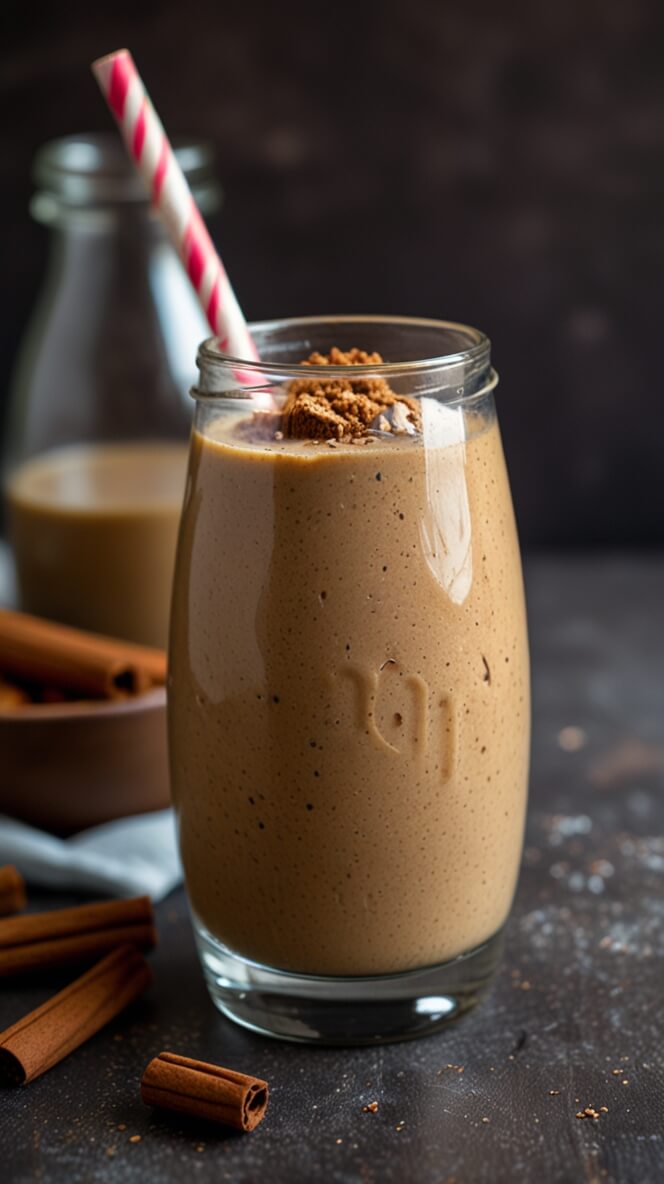 Creamy protein coffee smoothie with cinnamon and chocolate garnish in a tall glass with striped straw