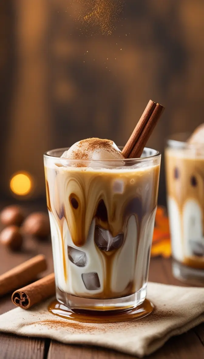 Artisanal spiced hazelnut iced coffee with caramel drizzle, whipped cream, ice cubes, and a cinnamon stick garnish, served in a clear glass on a rustic wooden table