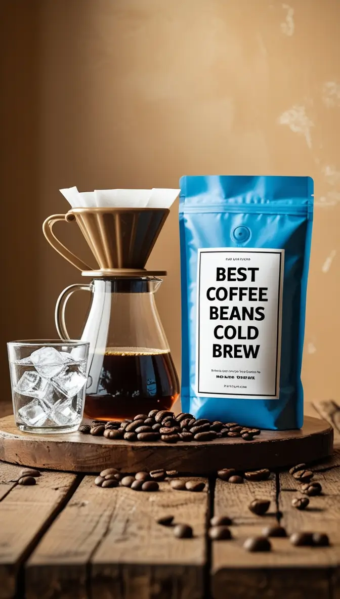 Pour-over coffee setup with blue bag of best cold brew coffee beans, glass of ice, and scattered coffee beans on rustic wooden surface