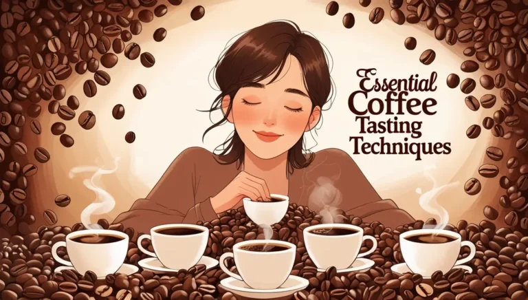 Illustrated woman smelling coffee with closed eyes surrounded by coffee cups and floating coffee beans, with text reading 'Essential Coffee Tasting Techniques