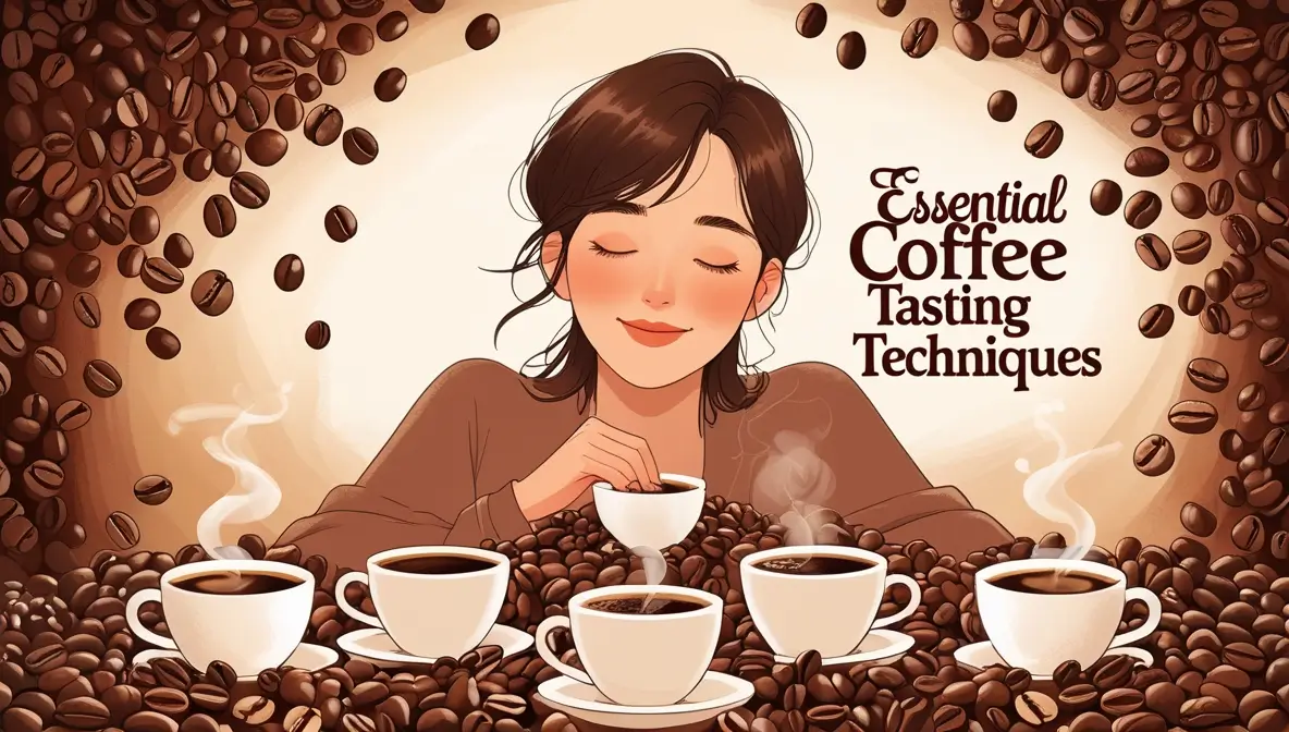 Illustrated woman smelling coffee with closed eyes surrounded by coffee cups and floating coffee beans, with text reading 'Essential Coffee Tasting Techniques