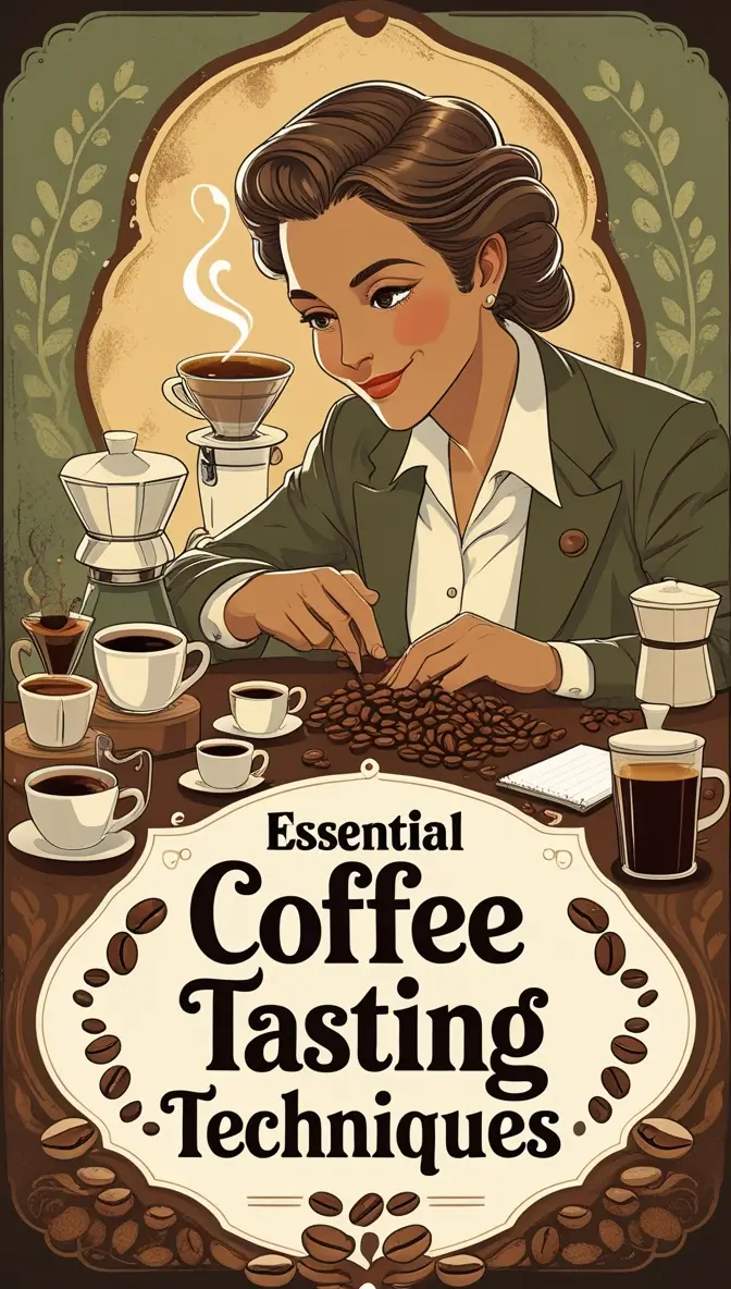 Vintage-style illustration of a professional coffee taster examining coffee beans with multiple brewing methods and coffee cups displayed, featuring retro typography 'Essential Coffee Tasting Techniques