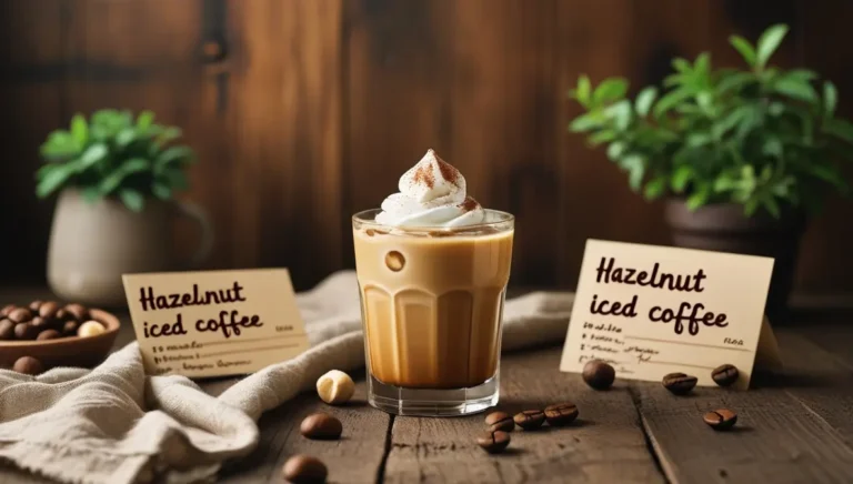 Hazelnut iced coffee topped with whipped cream and cinnamon, served in a glass with recipe cards, whole hazelnuts, coffee beans, and potted plants on rustic wooden table