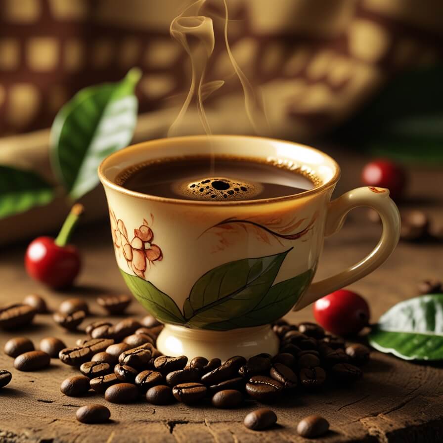 Steaming Rwanda Bourbon coffee in floral-decorated cup with fresh cherries, coffee leaves, and scattered coffee beans on rustic wooden surface, highlighting emerging origin coffee