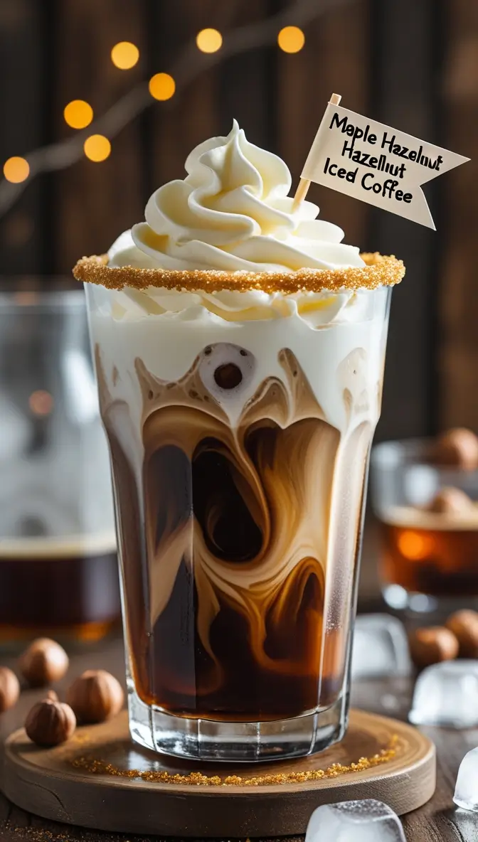 Maple hazelnut iced coffee with swirled layers, topped with whipped cream and a brown sugar rim, served in a tall glass with a name flag and bokeh lights in background