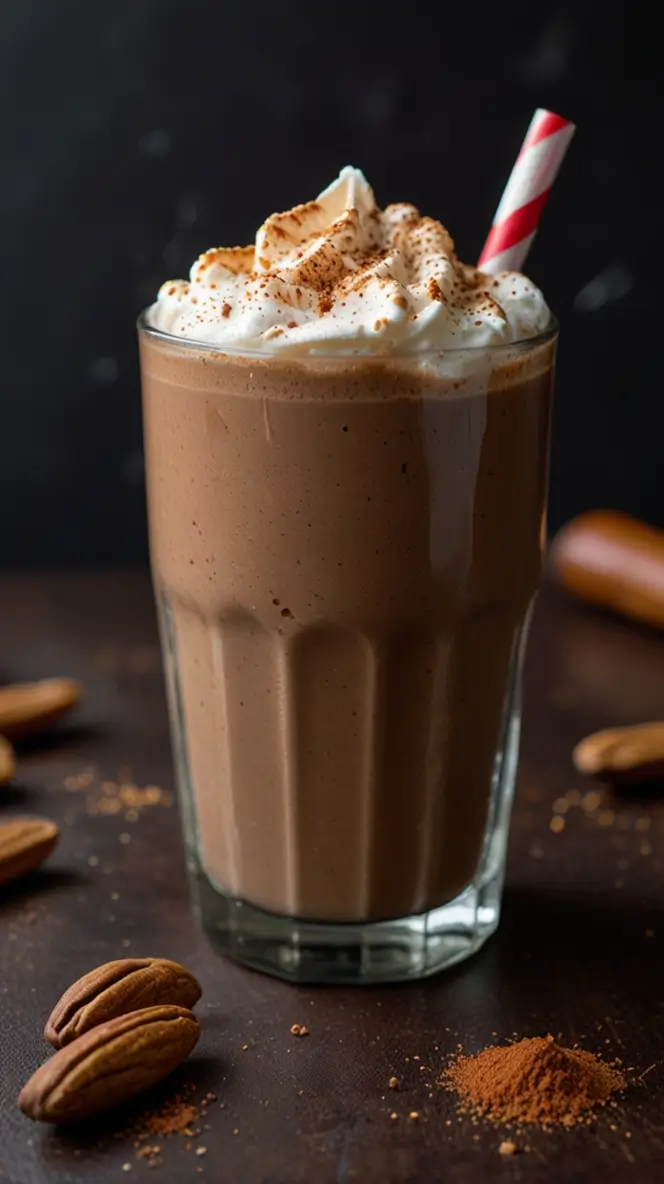 Tall glass of spiced mocha protein shake topped with whipped cream and cocoa powder, served with whole pecans and ground spices on a dark surface with a red striped straw