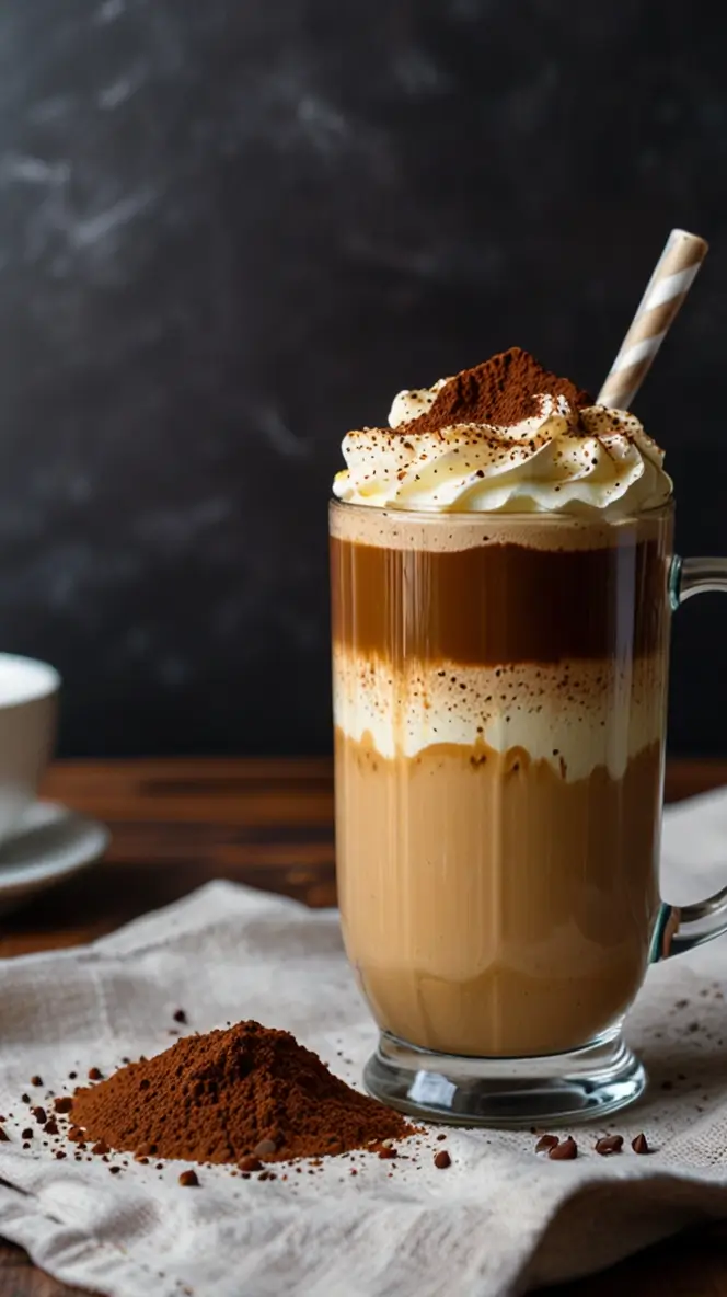 Layered tiramisu protein coffee in a tall glass mug featuring distinct layers of coffee, milk, and whipped cream topped with cocoa powder, served with a striped straw and coffee grounds scattered on white linen