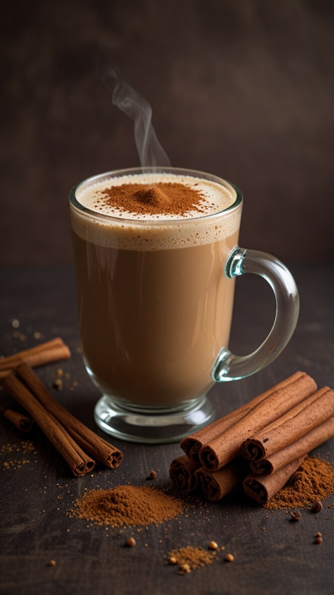 Steaming hot vegan cinnamon coffee in glass mug with cinnamon sticks and ground spices