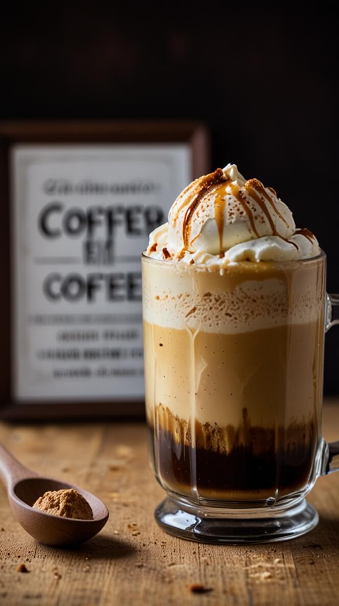 Layered cinnamon coffee affogato with whipped cream and caramel drizzle in glass mug with wooden spoon