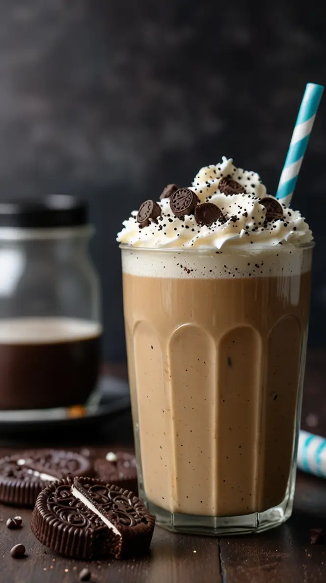 Cookies and cream protein coffee in a tall glass featuring creamy coffee topped with whipped cream, mini Oreo pieces, and black sprinkles, served with a blue striped straw alongside broken Oreo cookies