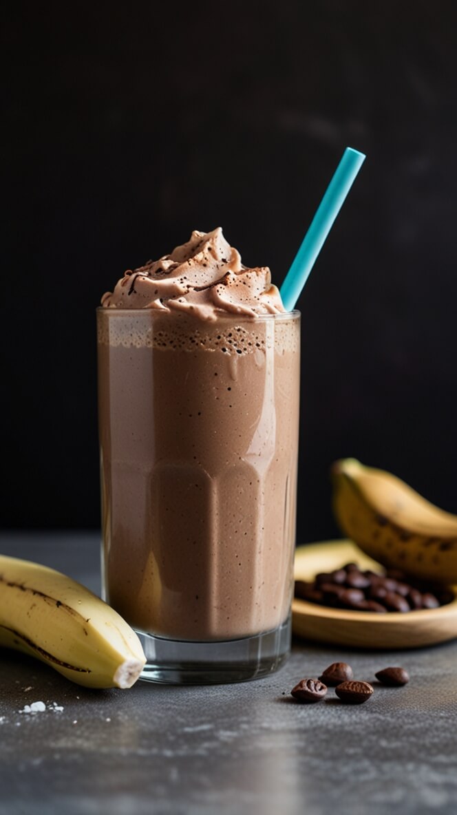 Creamy chocolate banana protein shake topped with whipped chocolate cream and served with fresh bananas and coffee beans, featuring a turquoise straw on dark background