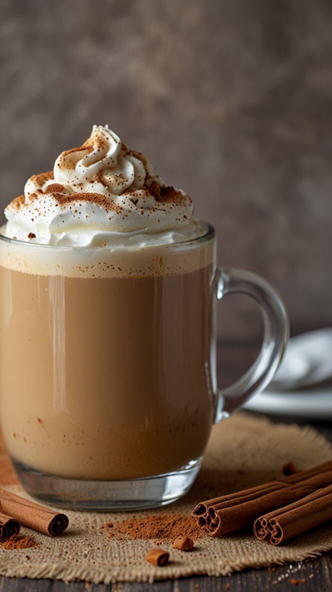 Creamy cinnamon latte topped with whipped cream and cocoa powder, served with cinnamon sticks on burlap