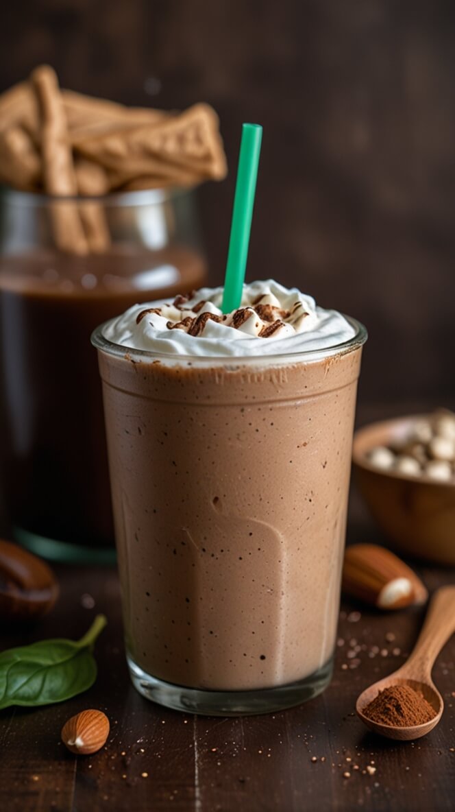 Creamy chocolate mocha meal replacement shake topped with whipped cream and chocolate drizzle, served with hazelnuts, spinach leaves, and cocoa powder on a wooden surface with a green straw