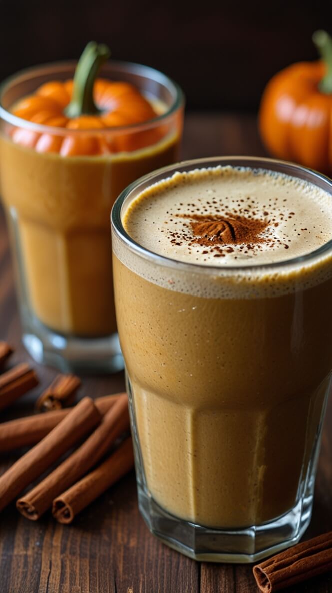 Two tall glasses of pumpkin spice protein coffee with creamy foam topped with cinnamon, surrounded by cinnamon sticks and mini pumpkins on a rustic wooden surface