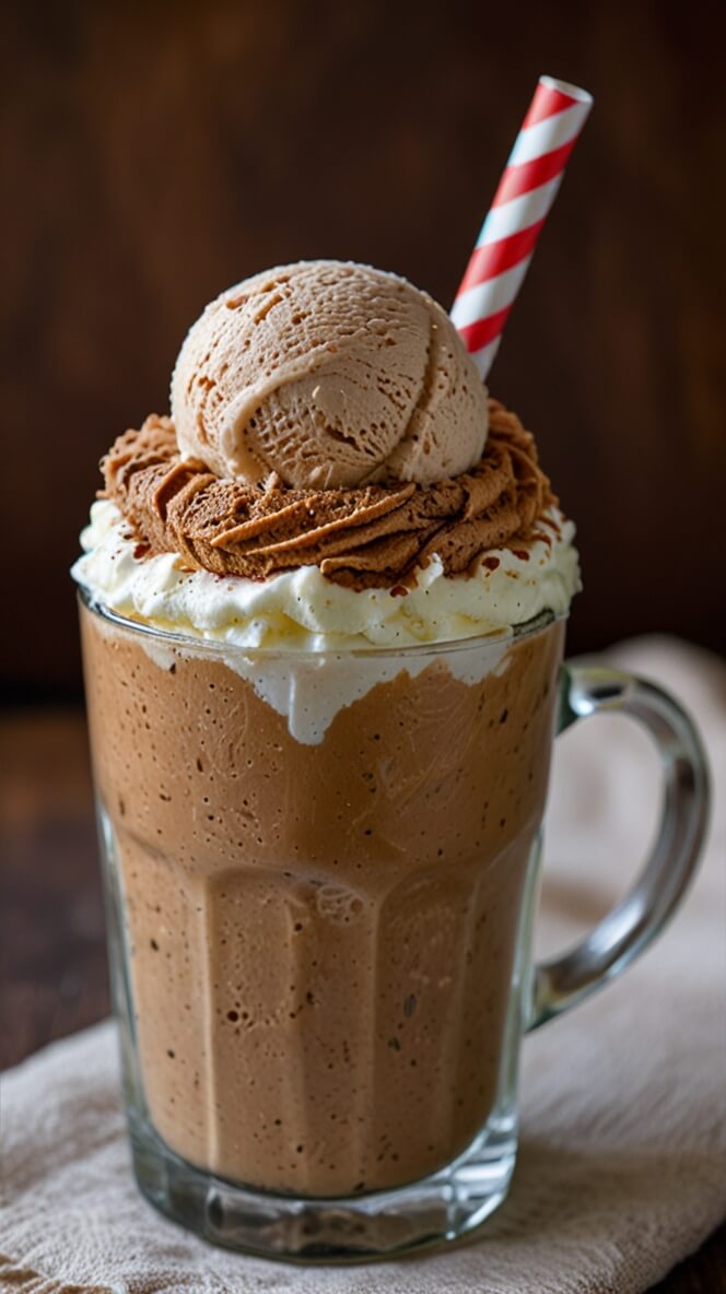 Coffee ice cream float with whipped cream, chocolate mousse, and vanilla ice cream scoop topped with red striped straw