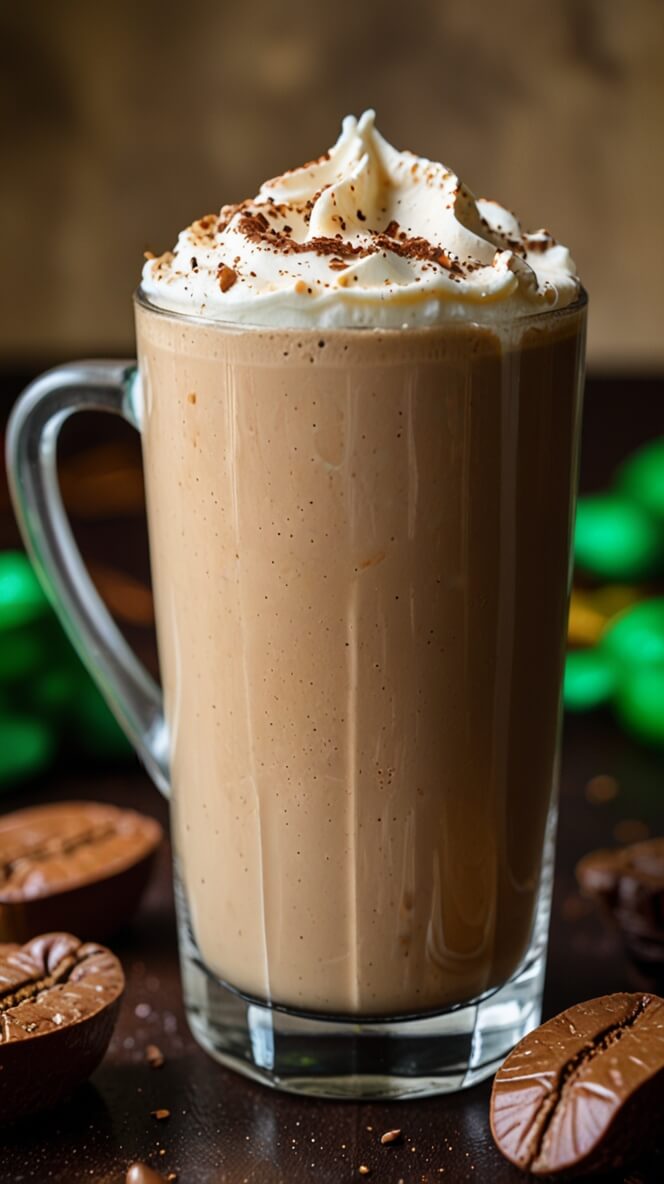 Tall glass mug of creamy Irish cream protein coffee topped with swirled whipped cream and cocoa powder, served alongside chocolate coffee beans with green decorative elements in the background