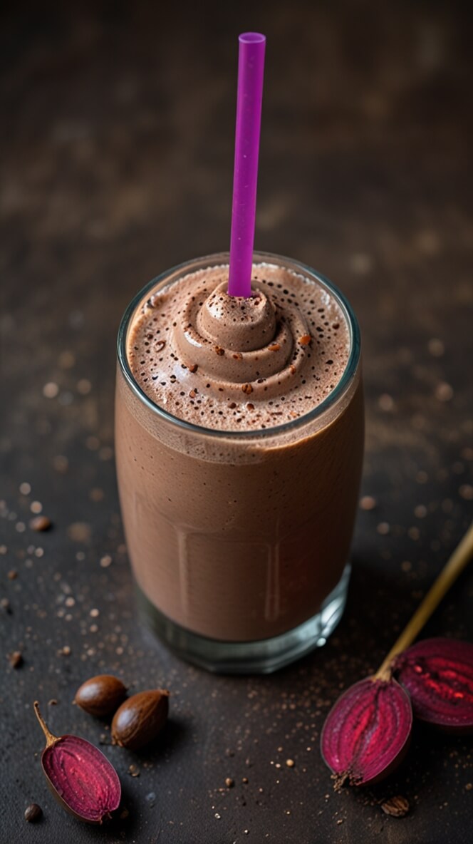 Creamy chocolate mocha protein shake topped with chocolate whipped cream swirl, served with fresh beets and coffee beans on a dark background with a purple straw