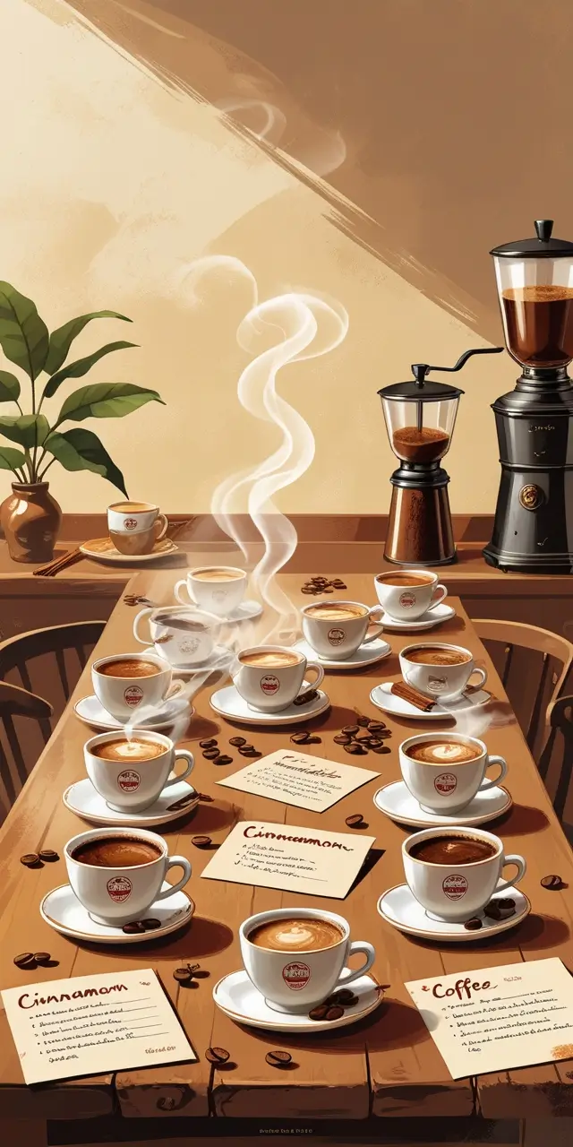 Illustrated coffee tasting scene with multiple cups Cinnamon in Coffee, recipe cards, coffee grinder, and brewing equipment on wooden table