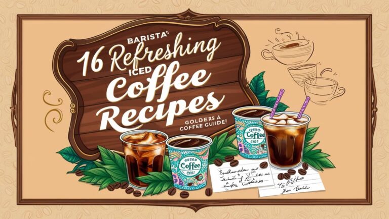 16 Refreshing Iced Coffee Recipes displayed on a vintage-style brown banner with illustrated Iced Coffee Recipes and decorative coffee elements.