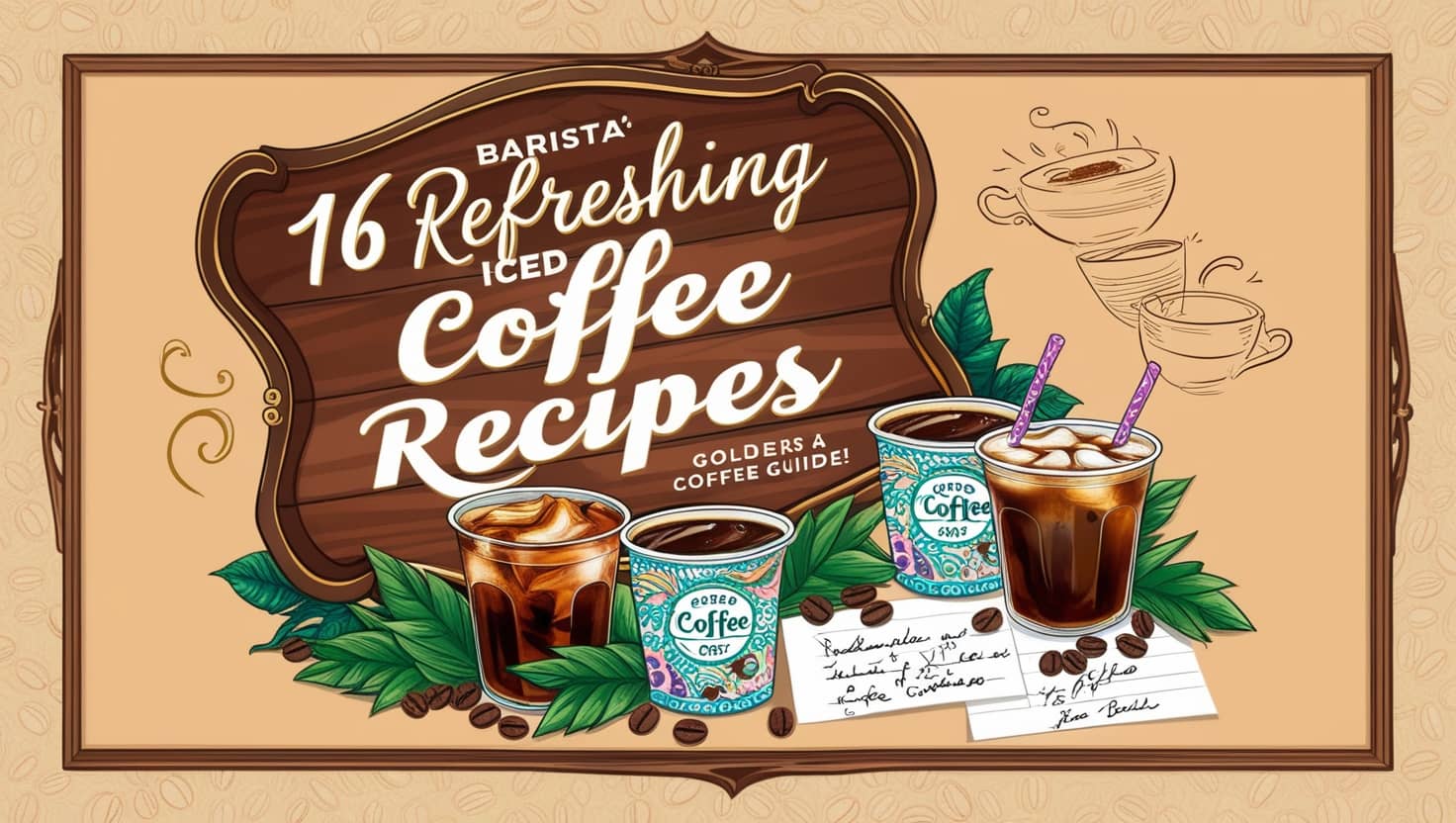 16 Refreshing Iced Coffee Recipes displayed on a vintage-style brown banner with illustrated Iced Coffee Recipes and decorative coffee elements.