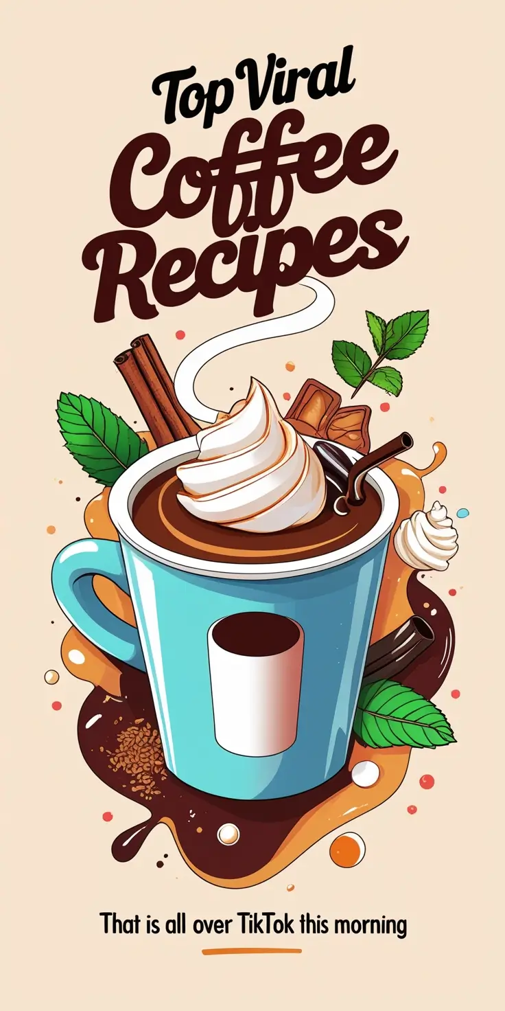 Top Viral Coffee Recipe That Is All Over TikTok This Morning, Illustration of a coffee mug with whipped cream, cinnamon sticks, and other coffee-themed elements.