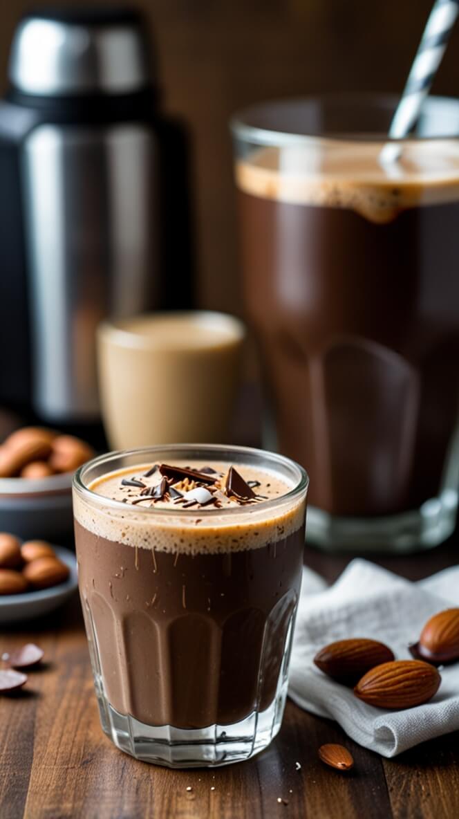 Dark chocolate protein coffee topped with creamy foam and chocolate shavings, served in a faceted glass alongside whole almonds and a thermos on a rustic wooden surface