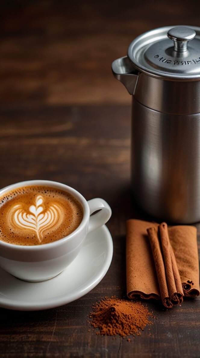 Latte art coffee with cinnamon sticks, ground spices, and French press on dark wooden table