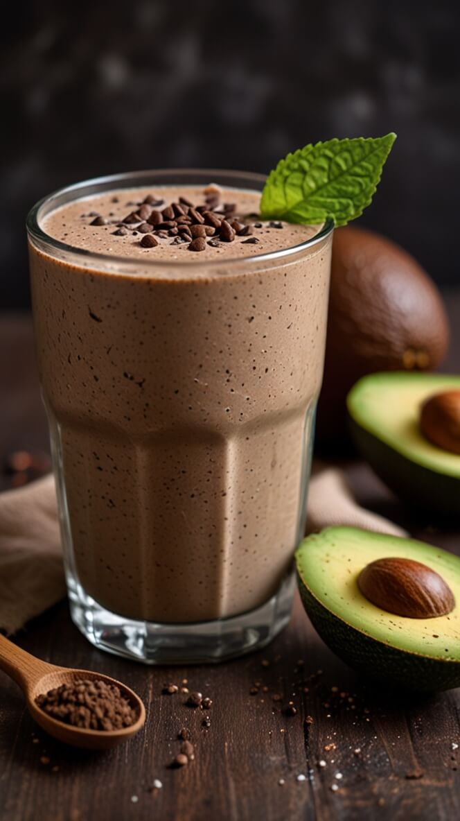 Creamy chocolate mocha protein shake topped with cocoa nibs and mint leaf, served alongside fresh avocado halves and cocoa powder on a dark wooden surface