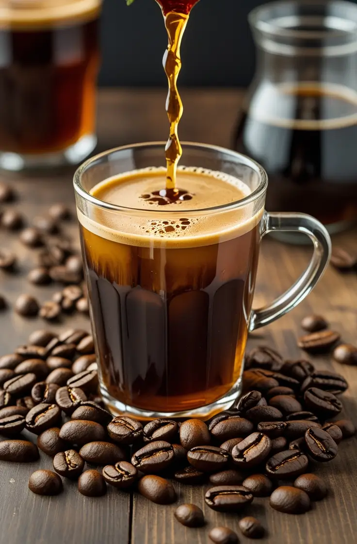 Colombian Supremo coffee being poured into clear glass with creamy crema and whole coffee beans scattered on wooden surface