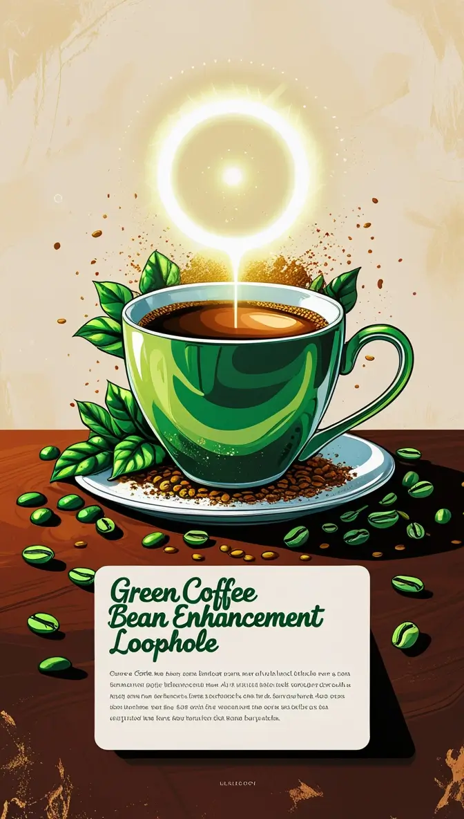 Green Coffee Bean Enhancement Loophole recipe in emerald cup with glowing energy ring and fresh green coffee beans