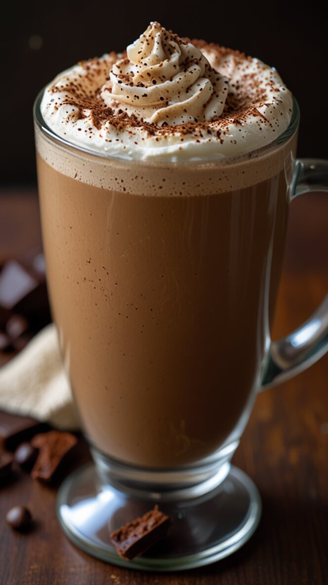 Tall glass of creamy mocha protein latte topped with whipped cream and chocolate shavings