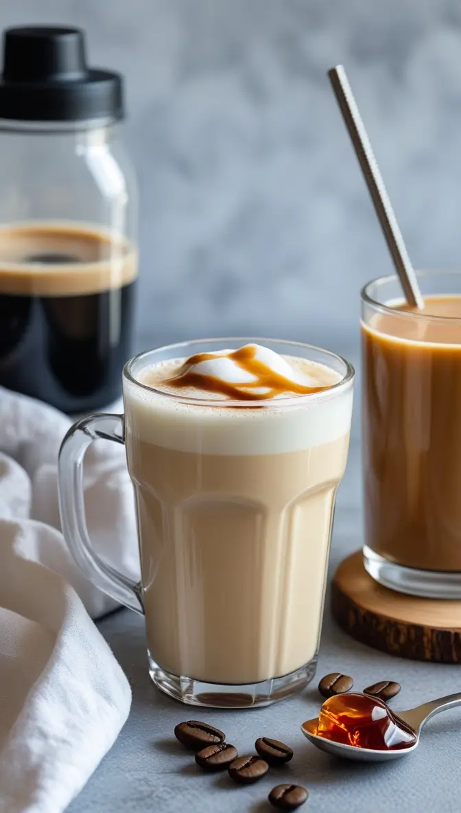 Two glasses filled with a creamy, layered Protein Coffee (Proffee) drink.