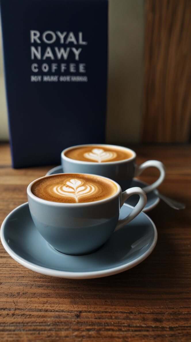 Royal Navy Coffee served in blue ceramic cups with leaf latte art, displayed with Royal Navy Coffee packaging on wooden table